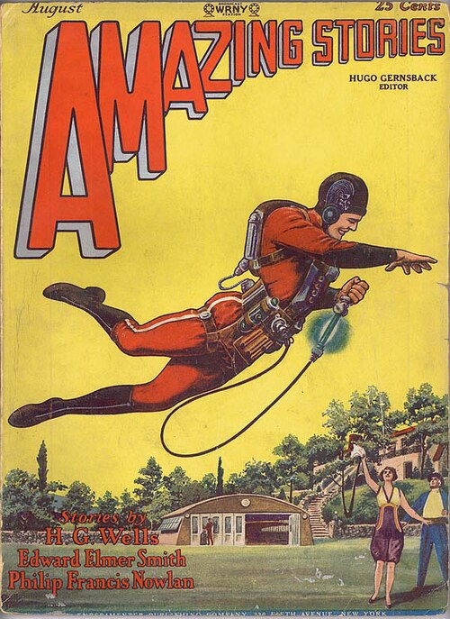 Amazing Stories August 1928 witht he first E. E. Doc Smith story, showing a man trying an antigravity device